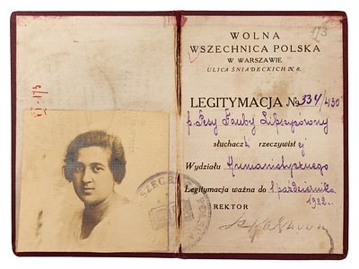 תעודת סטודנט – ורשה, 1922 – על שם פֶּסִי ליפשיצובנה (כנראה יהודייה)
Student Identification Card 