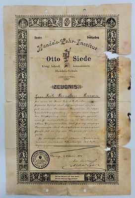 תעודת לימודים מסחרית גרמנית ליהודי – דנציג, 1908. תעודת Zeugnis רשמית מטעם Erstes Deutsches 