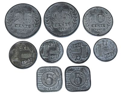 9 מטבעות הולנדיים, הכיבוש הנאצי מלחמת העולם השנייה (1941–1942). Set of 9 Dutch zinc coins, World 