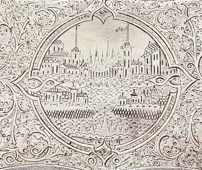 מגש כסף 84 קטן עם חריטה של בתי כנסת?. רוסיה 1857. כסף רוסי אימפריאלי, מגש כרטיסי ברכה או מגש 