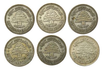 6 מטבעות כסף 50 פיאסטרים – לבנון, 
. Silver 50 Piastres Coins – Lebanon, 1952 
• הרכב: כסף 0.600 
