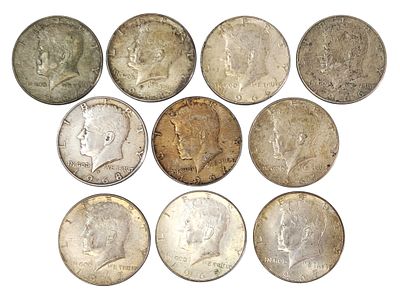 10 מטבעות חצי דולר ג’ון פ. קנדי – כסף (1965–1968). Kennedy Half Dollar Silver Coins – 40% Silver 