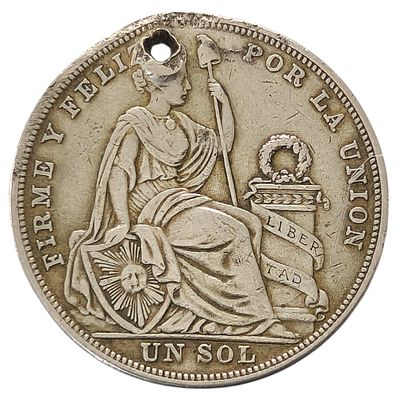 מטבע כסף גדול 1 סול (Sol) 1924 פרו 
Peru 1 Sol 1924 Silver Coin
. מטבע כסף של רפובליקת פרו, שנת 
