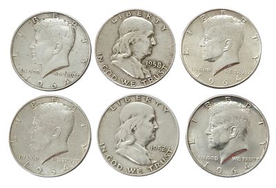 6 מטבעות כסף חצי דולר (&frac12; Dollar) – ארה״ב, סוגי קנדי ופרנקלין, שנות ה־50–60
Lot of 6 Silver Half 