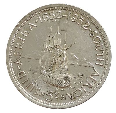 מטבע כסף 5 שילינג (Five Shillings) – ג'ורג' השישי, 1952, דרום אפריקה | 300 שנה לקייפטאון. מטבע 