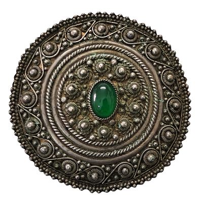 Silver Brooch in Bezalel Style, Central Green Stone, Marked “900 Jerusalem Palestine” | British 
