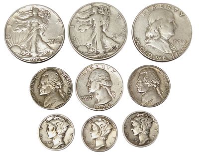 לוט מטבעות כסף וניקל אמריקאיים – Walking Liberty, Franklin Half Dollar, Washington Quarter 