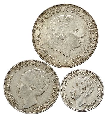 מטבעות כסף הולנדיים – מטבע 2&frac12; גילדן 1961, מטבע 1 גילדן 1931, מטבע חצי גילדן 1929 – כסף .720 