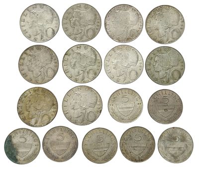 לוט של 17 מטבעות כסף אוסטריים – מטבע 10 שילינג ומטבע 5 שילינג, 1957–1973
Lot of 17 Austrian 
