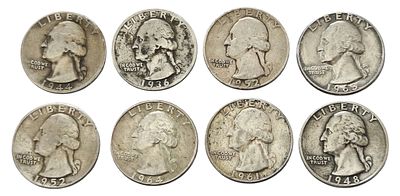מטבע &frac14; דולר – 25 סנט "Washington Silver Quarter", ארצות הברית, 1944–1964 – 8 מטבעות כסף 