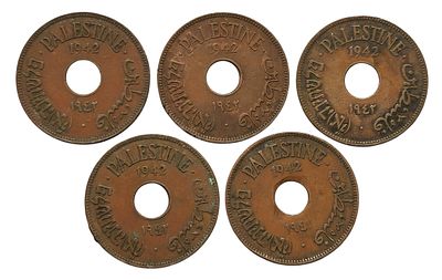מטבע 10 מיל – עשרה מיל, 1942 - פלשתינה (ארץ ישראל) – 5 מטבעות. מטבעות מחזור מתקופת המנדט הבריטי 