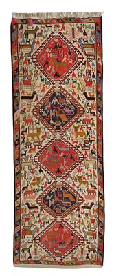 Handwoven Persian Soumak Runner – Tribal Animal Design – Iran, 20th Century. A handwoven Persian 
