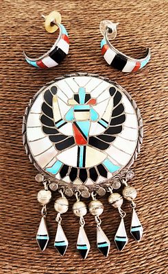 Zuni inlaid Sunface pendant & earrings by Ralph and Lillie Kallestewa. Large Zuni inlaid 