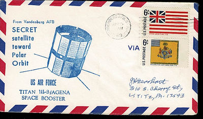 Vintage 1969 Vandenberg AFB "Secret Polar Orbit" space cover featuring the Titan III-B/Agena 