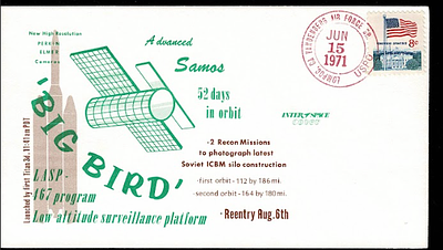 SPACE SAMOS BIG BIRD SURVEILLANCE PLATFORM 1971 INTER SPACE CACHET COVER VANDENBERG AFB 6-15-71