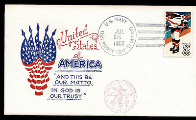 USS PUGET SOUND AD-38 NAVAL POSTAL HISTORY PATRIOTIC COVER RARE SHIP CANCEL JULY 18 1985