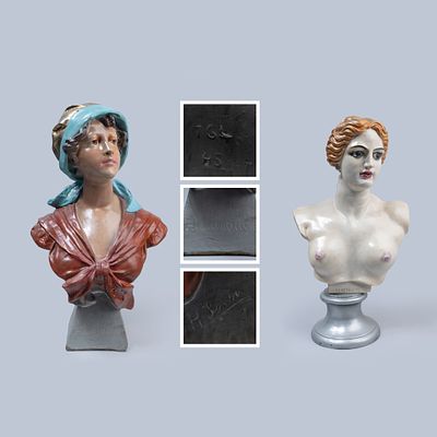 Lote: Dois bustos femininos, r&eacute;plicas da Cinderela e de V&eacute;nus de Milo, em gesso pintado 