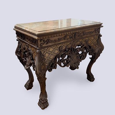 M&oacute;vel de encostar em madeira e tampo em pedra m&aacute;rmore; saial recortado e vazado entalhamentos 