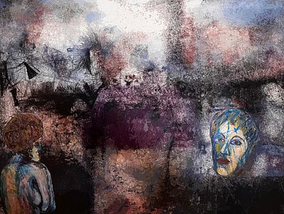 יעקב פורת - אנשי הלילה. 70x50 הדפס על בד של ציור יפהפה של האמן, ללא מסגור