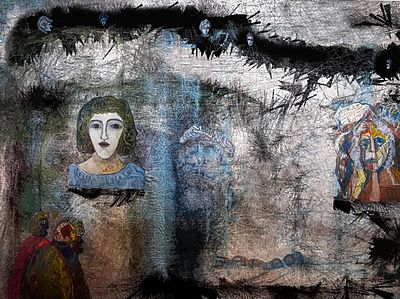 יעקב פורת - גלילאו, איינשטין, ואנדרומדה. 70x50 על בד – טכניקת הדפס של ציור מאת האמן פורת. לא ממוסגר.