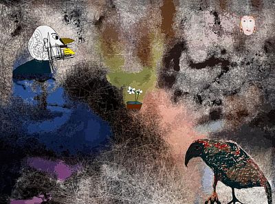 יעקב פורת - ביקור העורב. 70x50 עבודה מוזיאונית על בד, שהייתה במוזיאון ישראל. הדפס אומנותי, ללא מסגור.