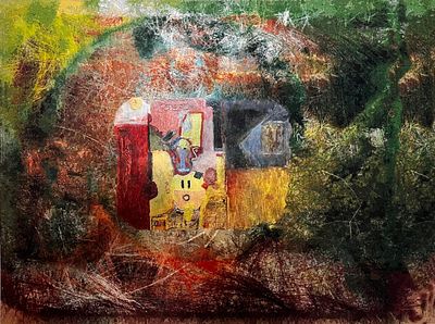 יעקב פורת - הבית. 70x50 צירה בטכניקה מעורבת על בד, אינה ממוסגרת