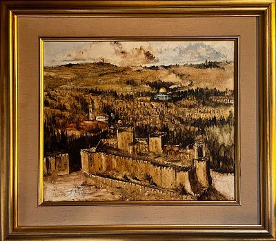 j.noiret - ירושלים. 60x50 יצירה בטכניקה מעורבת על בד, מבט על כיפת הזהב מהר הזיתים. חתומה וממוסגרת 