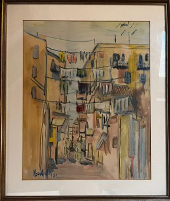 Kovitch - נוף אורבני. 53x42 גואש ואקריליק – חתום וממוסגר, יפה וחדש. ציור איכותי ומרשים.