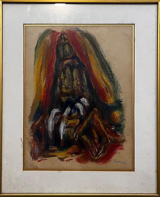 פרנל - מתפללים. 35x27 שמן ואקריליק על נייר – עבודה יפה המתארת מתפללים בבית הכנסת הא’רי בצפת. 