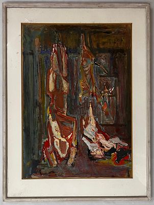 יחיאל קריזה - פרות בבית המטבחיים. 70x50 היצירה של יחיאל קריזה היא עבודה פיגורטיבית-אקספרסיבית רבת 