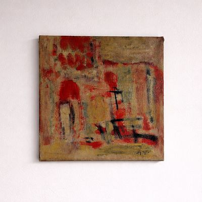 י.קריזה - הבית ביפו. שמן על בד 27x27 ציור בעל גוונים חמים של אדום וורוד משיחות המיכחול נעות בן 