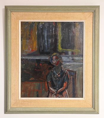 יחיאל קריזה - דיוקן של המתנה. 45x38 ציור מאת יחיאל קריזה, המתאר דמות יושבת בסביבה פנימית ואינטימית. 