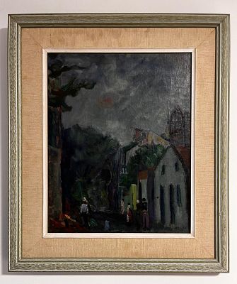 יחיאל קריזה - סצנת רחוב עירונית. ציור מאת יחיאל קריזה, 42x34 שמן על בד חתום ממוסגר .המתאר סצנת רחוב 