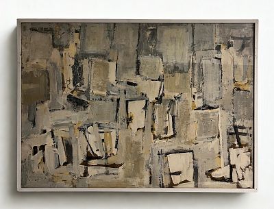 יחיאל קריזה - חלונות של זיכרון. ציור מופשט על קרטון ממוסגר חתום 70x50 המציג קומפוזיציה דינמית 