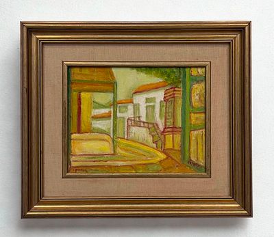 יהושע גרוסברד - סמטה בכפר. 36x30 עבודה גדולה של גרוסבארד על בד.היצירה מתארת סמטה כפרית אינטימית עם 