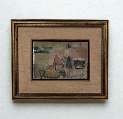 משה רוזנטליס - שתי דמויות. 25x17.5 חתום .יצירת שמן מקורית על לוח מאת האמן משה רוזנטליס, המציגה שתי 