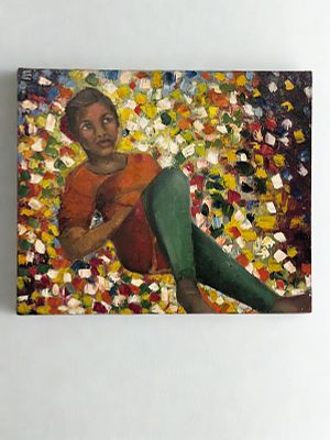 לריסה - ילדה בתוך צבע. 60x50 ציור שמן על בד, בלתי מתוח על עץ לא מזוהה, המציג דמות נערה בשכיבה בתוך 