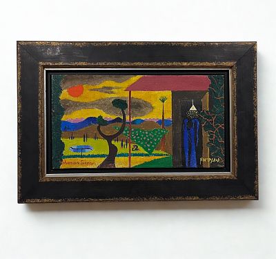 וחנן סימון - נוף קיבוצי בשקיעה. 30x16 היצירה מציגה נוף קיבוצי אופייני, בסיגנון ברזיל של האומן.עוד 