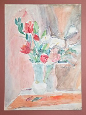 Лабас Александр Аркадьевич - Красные цветы на розовом фоне. 1963 г. Бумага, акварель. 
64,5 х 48,5