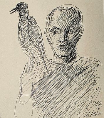 Лабас Александр Аркадьевич - Человек и птица. Из серии "Рисунки-портреты", двусторонняя.1967 г. Бум 