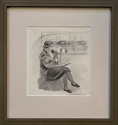 Лабас Александр Аркадьевич - У окна балкона (жена Леони). 1952 г. Бумага, карандаш. 
20,5 х 21,8