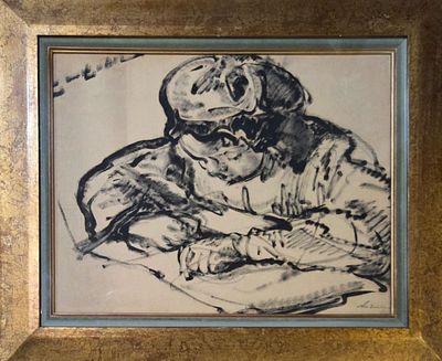 Тархов Николай Александрович - Рисующая девочка. 1913 г. Бумага на холсте, тушь, кисть. 48 х 63 