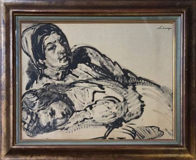 Тархов Николай Александрович - Мадам Тархова и Гортензия. Бумага на холсте, тушь, кисть. 48 х 63 