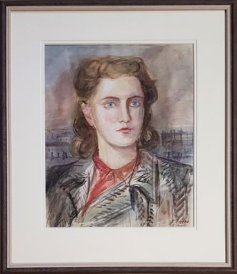 Лабас Александр Аркадьевич - Девушка в сером пальто. Из серии "Портреты" 1947 г. Бумага, акварель. 