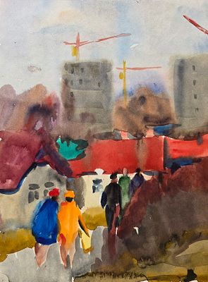 Антонов Сергей Георгиевич - Стройка. 1993 г. Бумага, акварель. 30 х 21,5