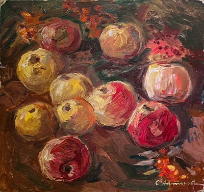 Антонов Сергей Георгиевич - Яблоки. 1980 г. . Картон, масло. 27 х 26
