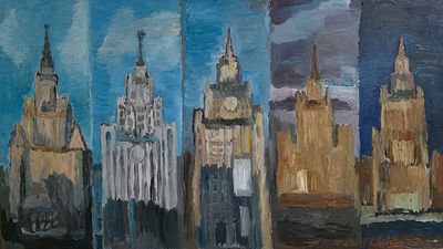 Ельницкая Вера Андреевна - Пять высоток Москвы. 2022 г. Холст, масло. 75 х 130