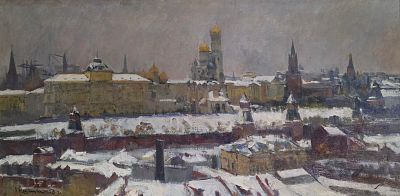 Резницкий Леонид Лейбович - Кремль зимой (строительство Дворца Съездов), 1959 г. Холст, масло. 50 х 100