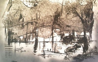 גרשון היימן - גרשון היימן, עבודת שפכטל עם צבע שחור, ללא נגיעת מכחול, על נייר 50*40,חתום ומתוארך.