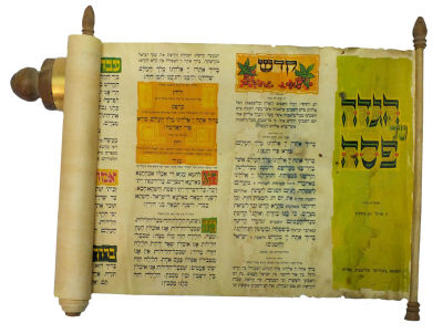 הגדת פסח מגולגלת בתוך מתקן מתכת מוזהבת, רוחב 45 ס"מ